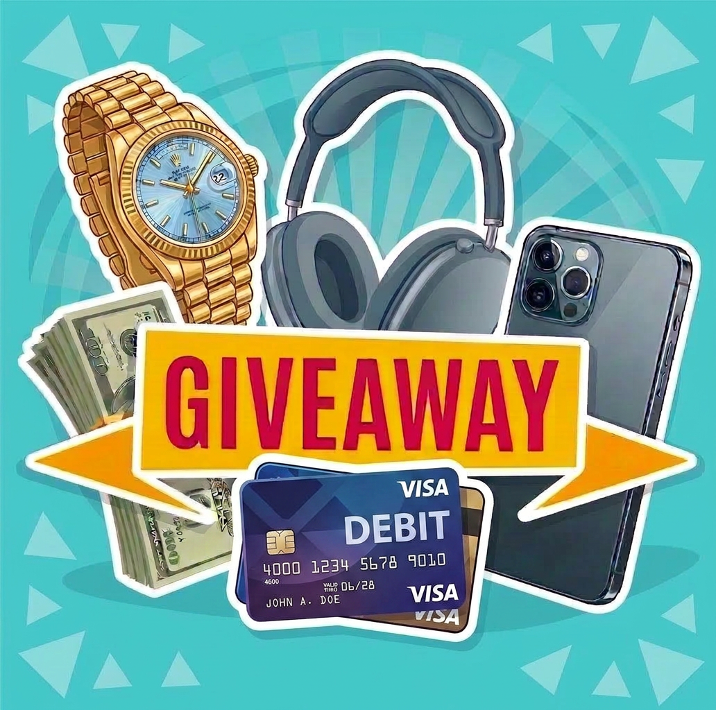 A vibrant giveaway graphic featuring a gold watch, black headphones, a smartphone, cash bundles, and a Visa debit card, with a prominent 'GIVEAWAY' label.